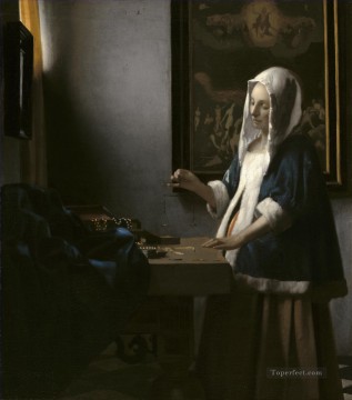 ヨハネス・フェルメール Painting - 天秤を持つ女性 バロック ヨハネス・フェルメール